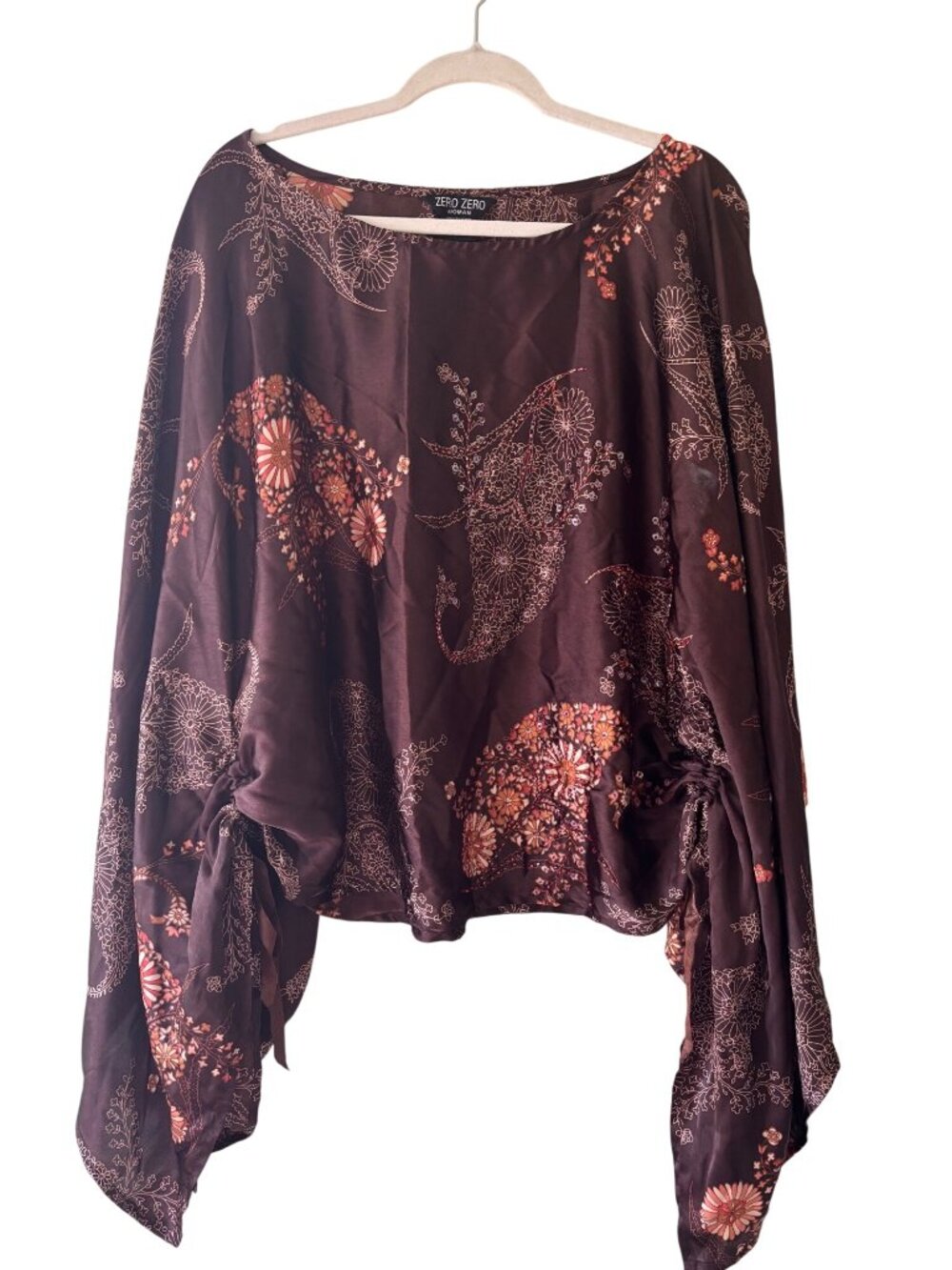 Zero Zero Womens Satin Floral Paisley Brown Asymmetric Hem Top
